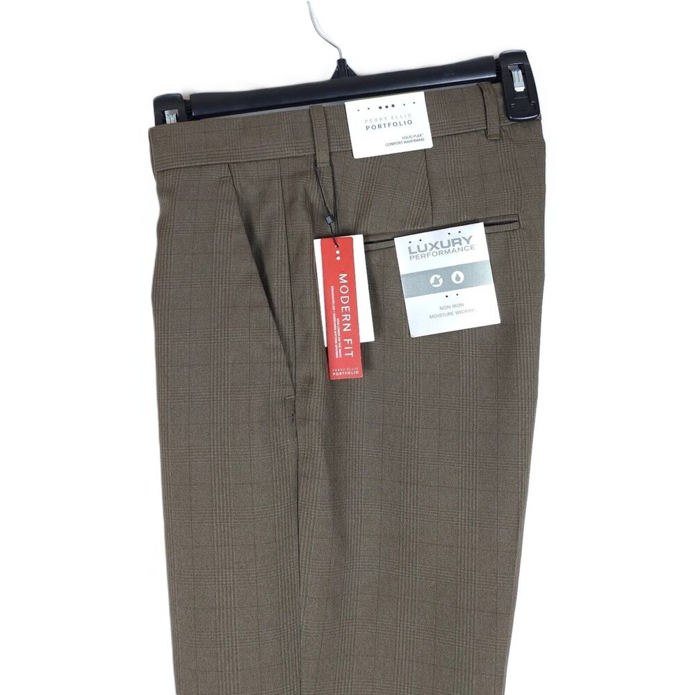 Perry Ellis Mens Modern Fit Dress Pants 29x30 Brown Plaid Performance Stretch